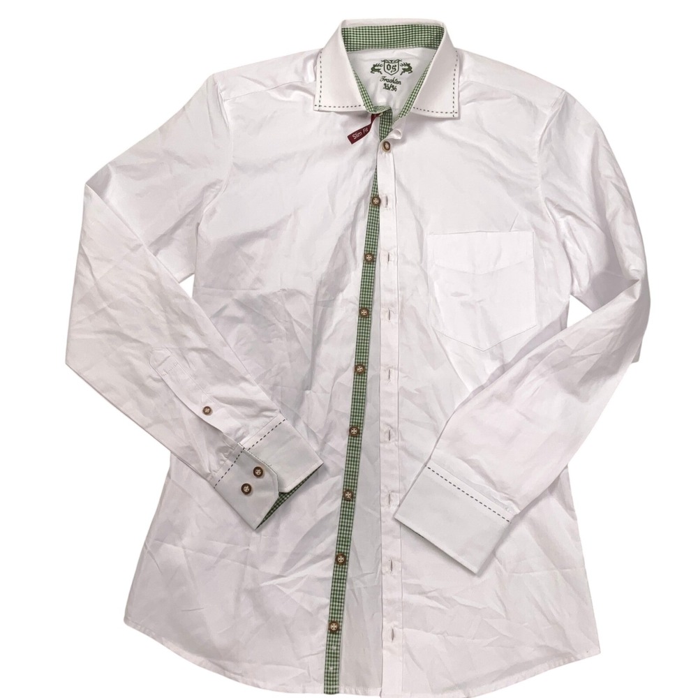OS Trachten Shirt Men 35/36 White Green Gingham German Trim Slim Fit Oktoberfest